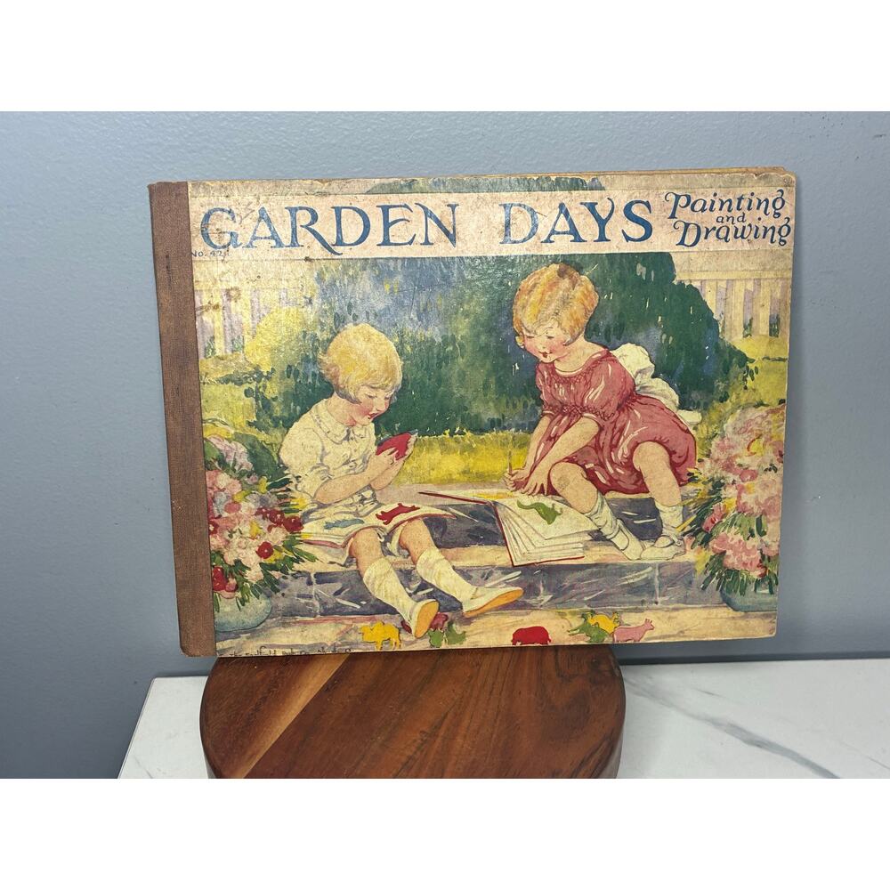 1925 Garden Days Painting & Drawing Book Saalfield Vintage Children
